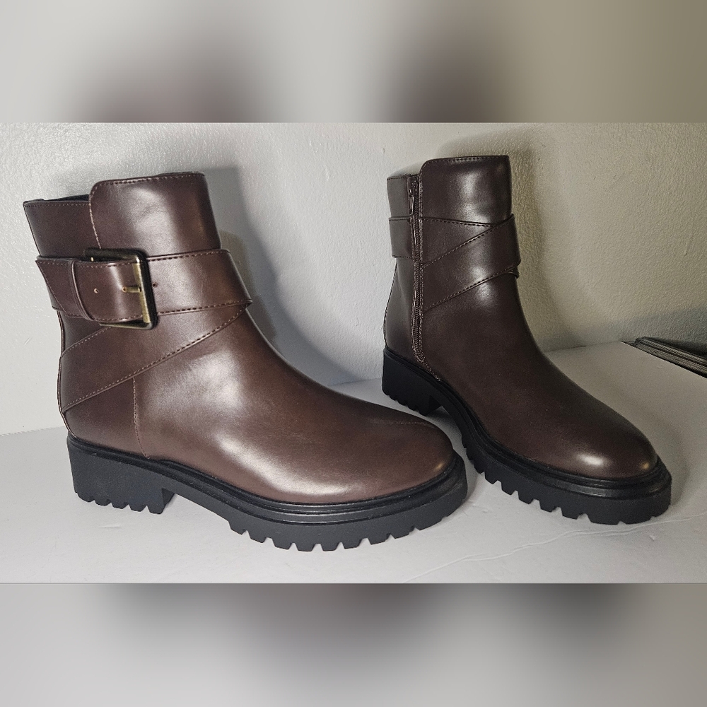Unisa Unjezzo-R Brown Moto Ankle Boots zipper Lug Sole Buckle Strap size 8 m